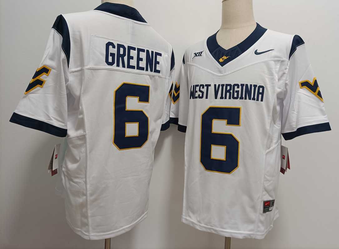 Mens West Virginia Mountaineers #6 Garrett Greene White FUSE College Stitched Jersey